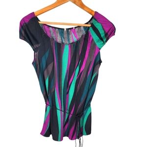 Elie Tahari 100% Silk Top Blouse Removable Waist Tie Vibrant Colors Purple Green